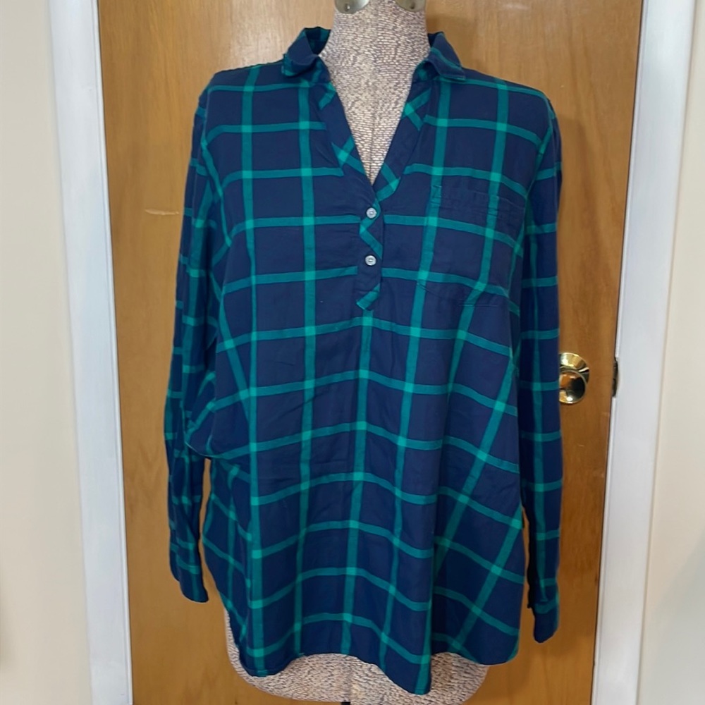 J. Crew Womens XL Blue and Green Plaid Long Sleeve Blouse 1/3 Button Down